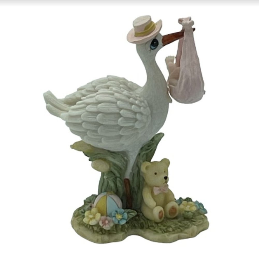 Vintage Shiah Yih Stork Bringing Baby Shower Ceramic Figurine Collectible Décor